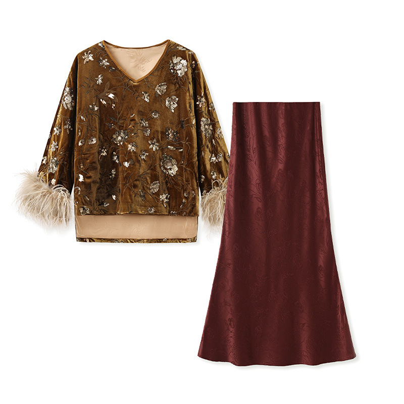 Silk Blouse - 2025 Winter Feather Cuff Blouse Set,