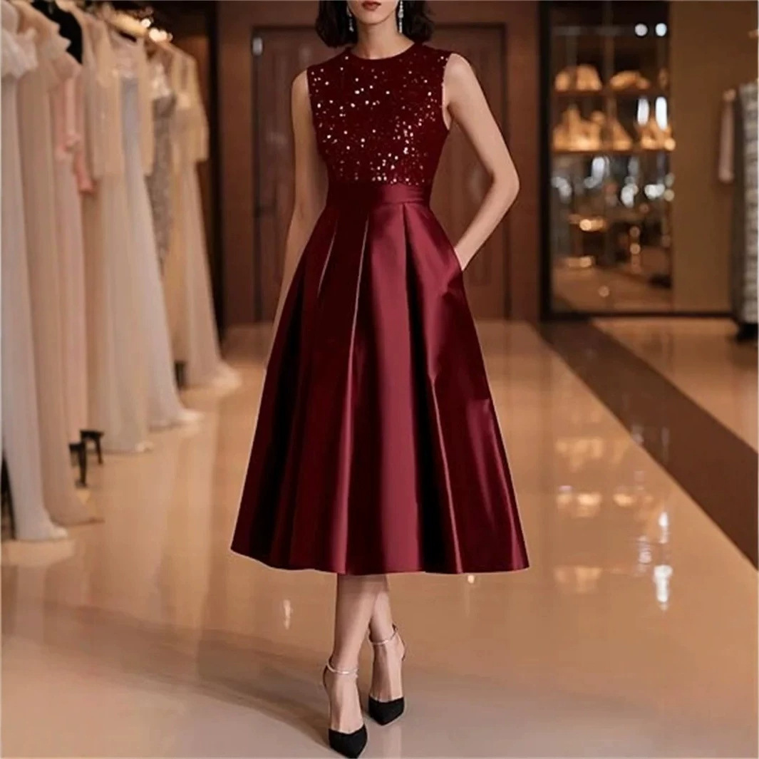 Burgundy Sequin Satin Midi Dre - Midi Dress ulasan dan harga