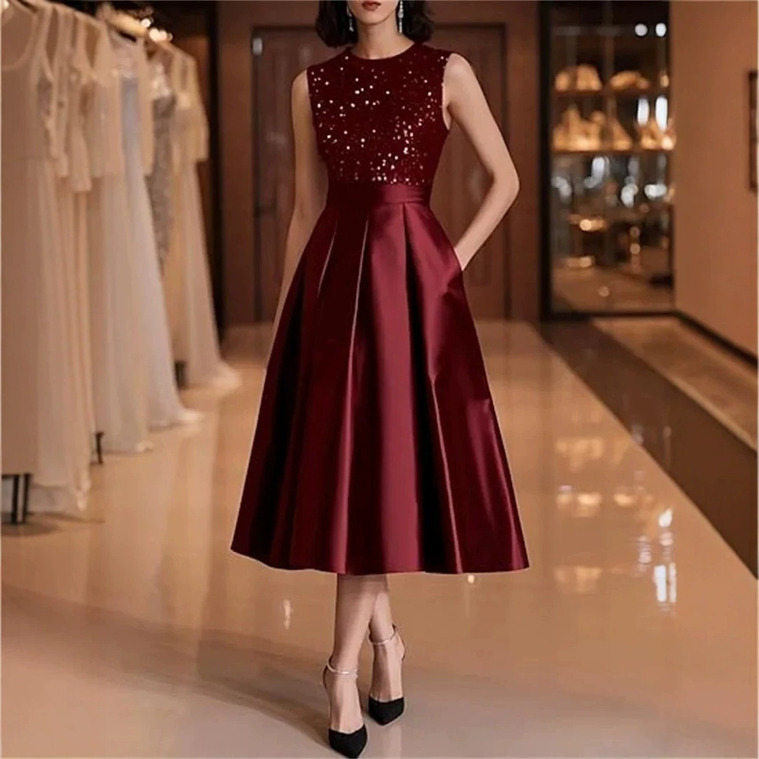 Burgundy Sequin Satin Midi Dre - Midi Dress ulasan dan harga