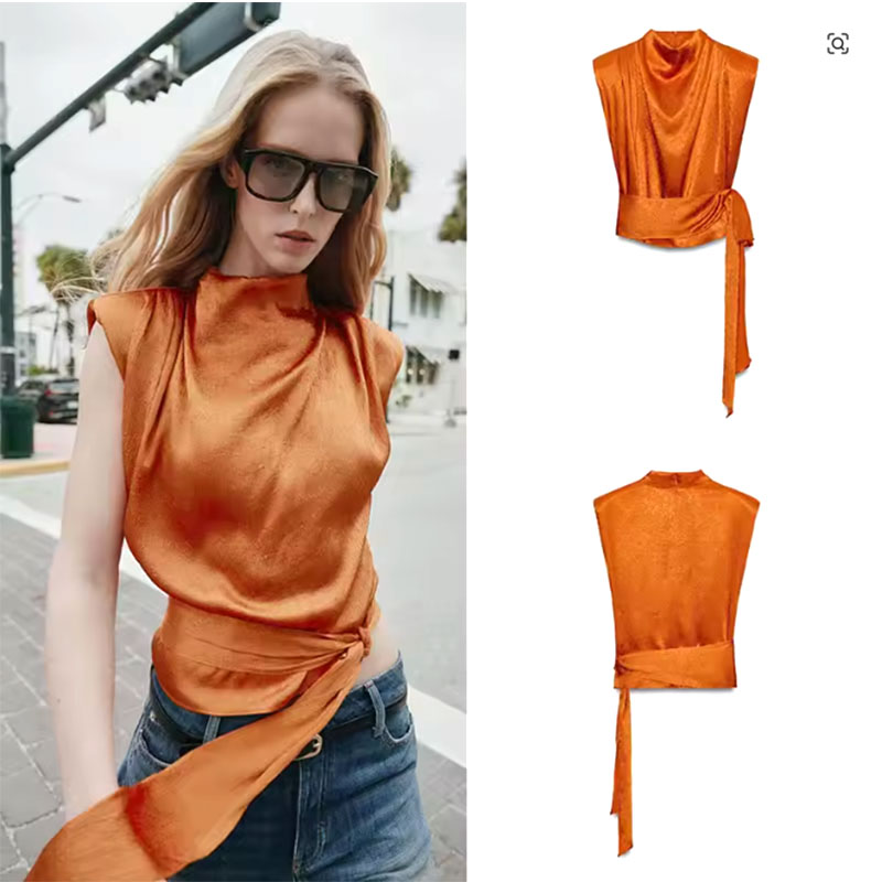 Satin Shawl Collar Sleeveless  - Silk Blouse ulasan dan harga