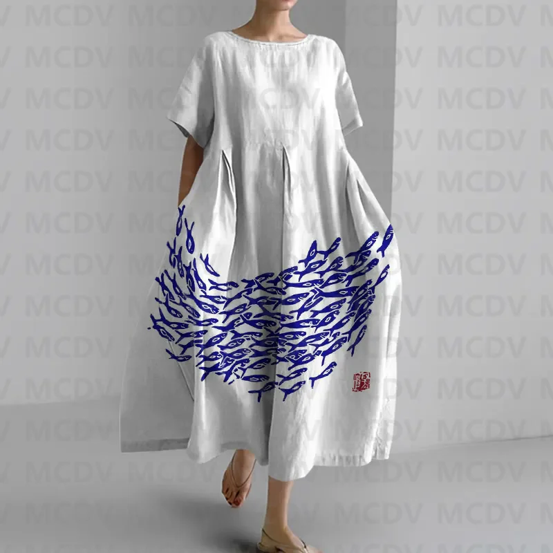 Japanese Vintage Fish Art Prin - Midi Dress ulasan dan harga