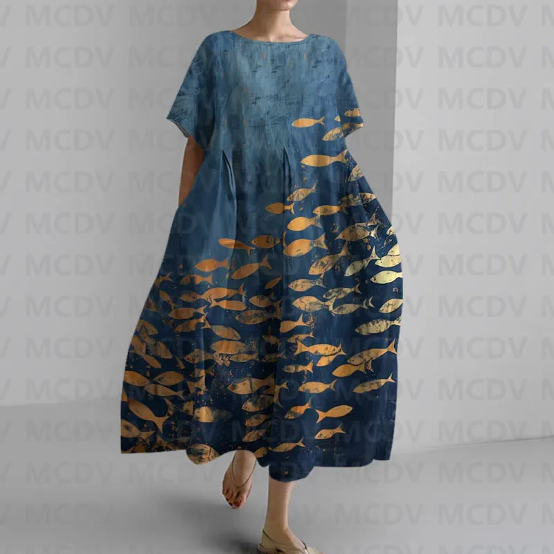 Japanese Vintage Fish Art Prin - Midi Dress ulasan dan harga