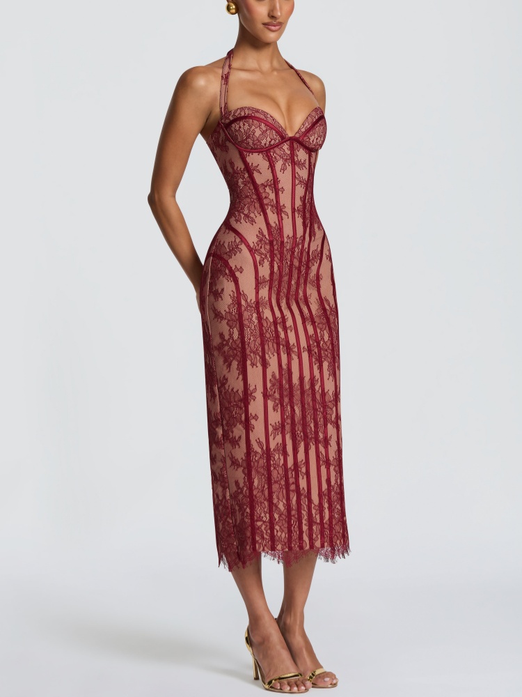 Halter Sweetheart Burgundy Lac - Midi Dress ulasan dan harga